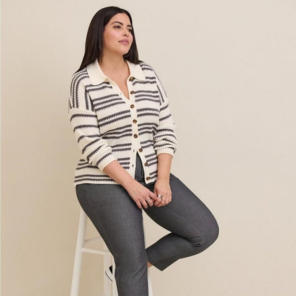 Torrid - Pullover Collared Button Front Sweater in Grey Stripe​​​​​​​​ - Picture 11 of 13